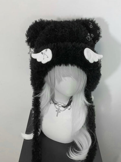 Black/White Cross Wing Pin Cat Ear Plush Hat