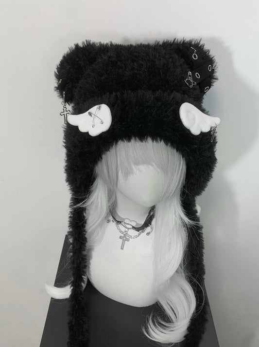 Black/White Cross Wing Pin Cat Ear Plush Hat