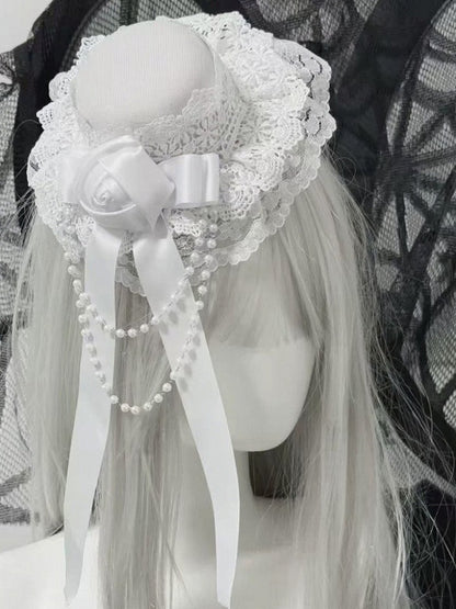 Gothic Lace Trim Rose Mini Hat with Bead Chain - Post-2000 Gift Shop