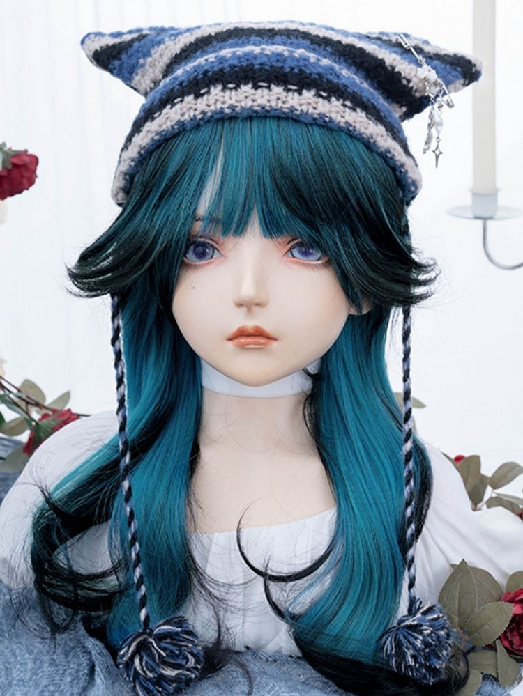 Blue-black Ombre Long Wavy Synthetic Wig With Bangs