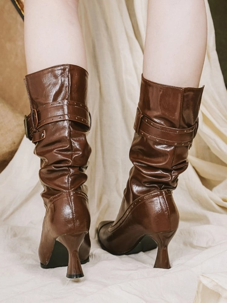 Light Brown 7.5cm Stacked High-Heel Slip-On Boots with Collapsible Shaft & Ornate Clasps - Dita Lolita Shoes