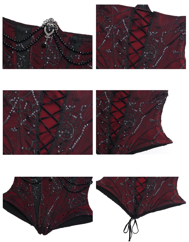Goth Spiderweb Spitze Weinrot Vampir Korsett mit Knochen