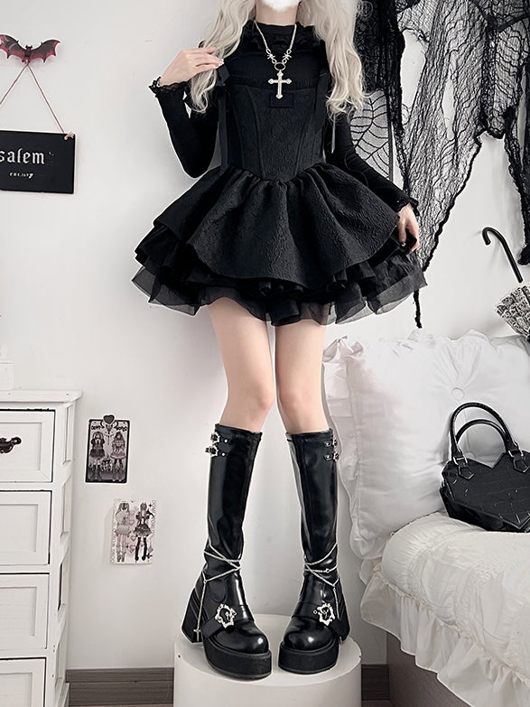 Knee-high Gothic Y2K Detachable Polished with Cross Chains in Black Boots Platform Buckles Coffin