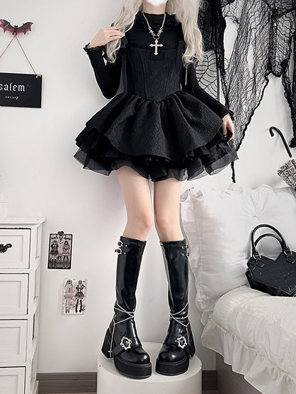 Knee-high Gothic Y2K Detachable Polished with Cross Chains in Black Boots Platform Buckles Coffin
