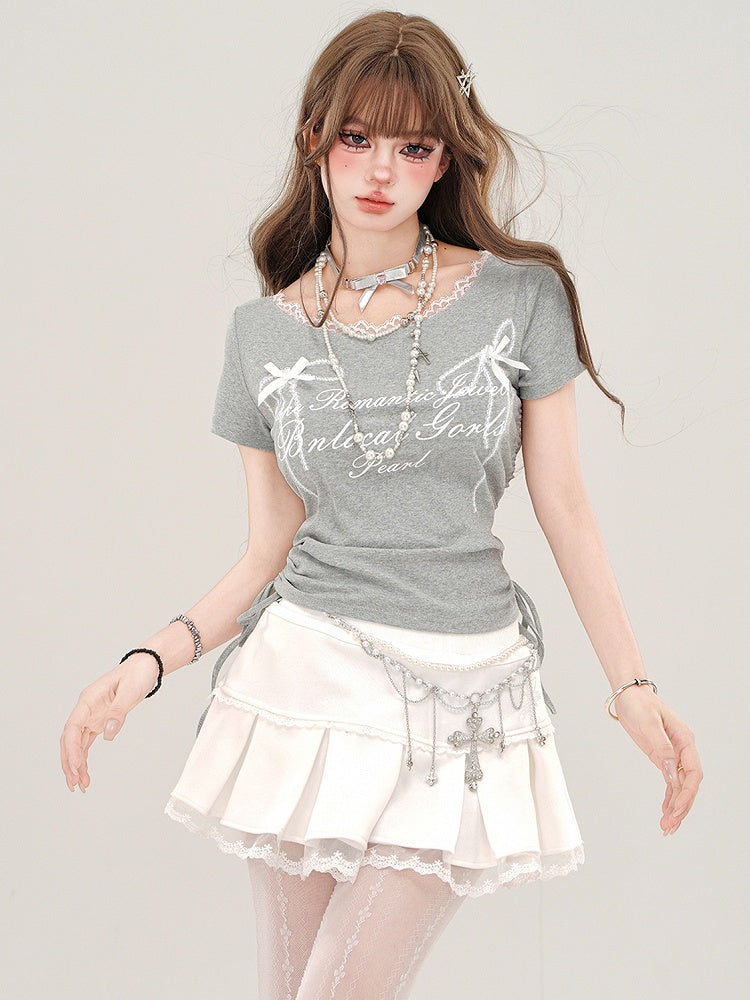 グレーレタープリント ドローストリングウエストTシャツ