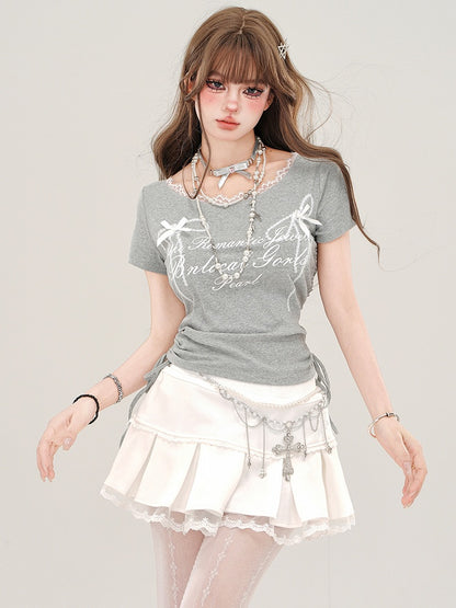 グレーレタープリント ドローストリングウエストTシャツ