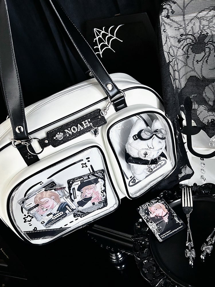 White & Black Contrast Trim Bread-shaped Ita Shoulder Bag