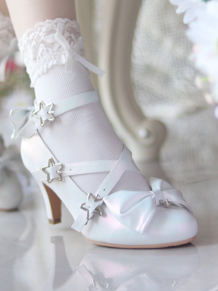 Star High White Sweet Lolita Buckles Crisscross Straps with - Accents Heels Bow