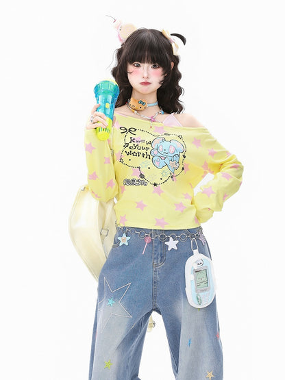 with Faux and White/Yellow Asymmetrical Two-Piece Top Cartoon One-Shoulder Star Print
