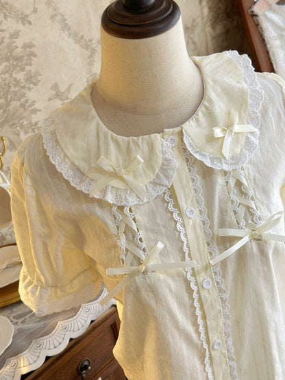 Beige Sweet Peter Pan Collar Short Sleeve Cotton Blouse Lolita - Jelly Girl