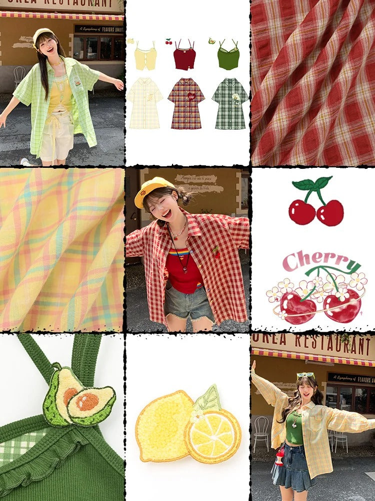 夏用ゆったりチェックシャツ（袖取り外し可能）イエロー/グリーン/レッド