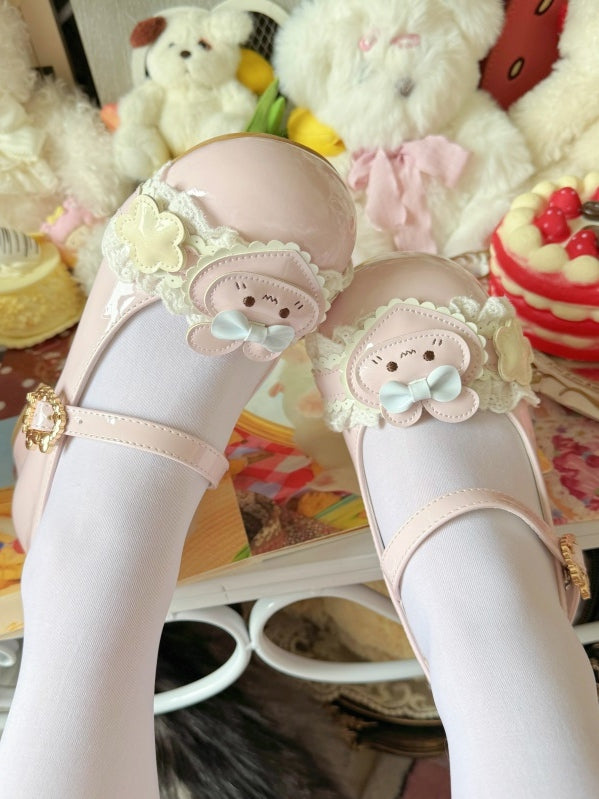Ear Mary Lolita PU Light Sweet Janes with Heart Rabbit Pink Accents Bunny Floral Theme Top - at