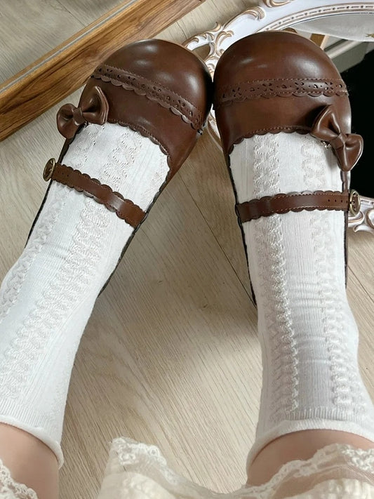 Hem Detachable Janes Details Scalloped with Chocolate Cutout Bows Mary Sweet Brown