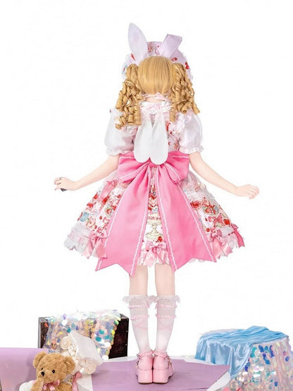 Akzente Druck mit Schleife Erdbeere und Süßkirsche Rosa Lolita Mode Kleid Licht