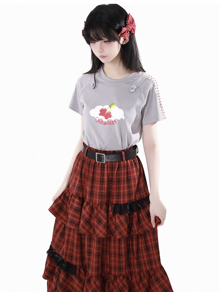 Round Neck Gray Cherry Print T-Shirt