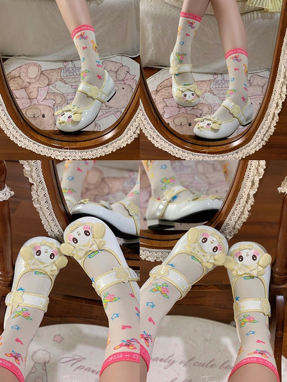 with Cute Toe - Heels Rabbit Lolita Accents Low Design for Strap Light Round Yellow Flower Details Bow