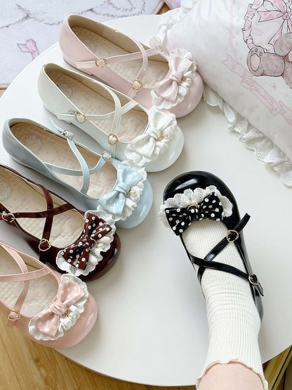 Blue Straps Sweet Trim with Heels Low 2.5cm Lace PU Crisscross Lolita