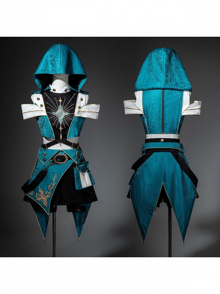 Teal Ouji Lolita Cutout Hooded Top + Asymmetric Metal Button Shorts Set - Xiong Dou Jiang