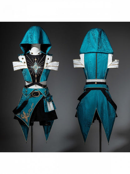 Teal Ouji Lolita Cutout Hooded Top + Asymmetric Metal Button Shorts Set - Xiong Dou Jiang