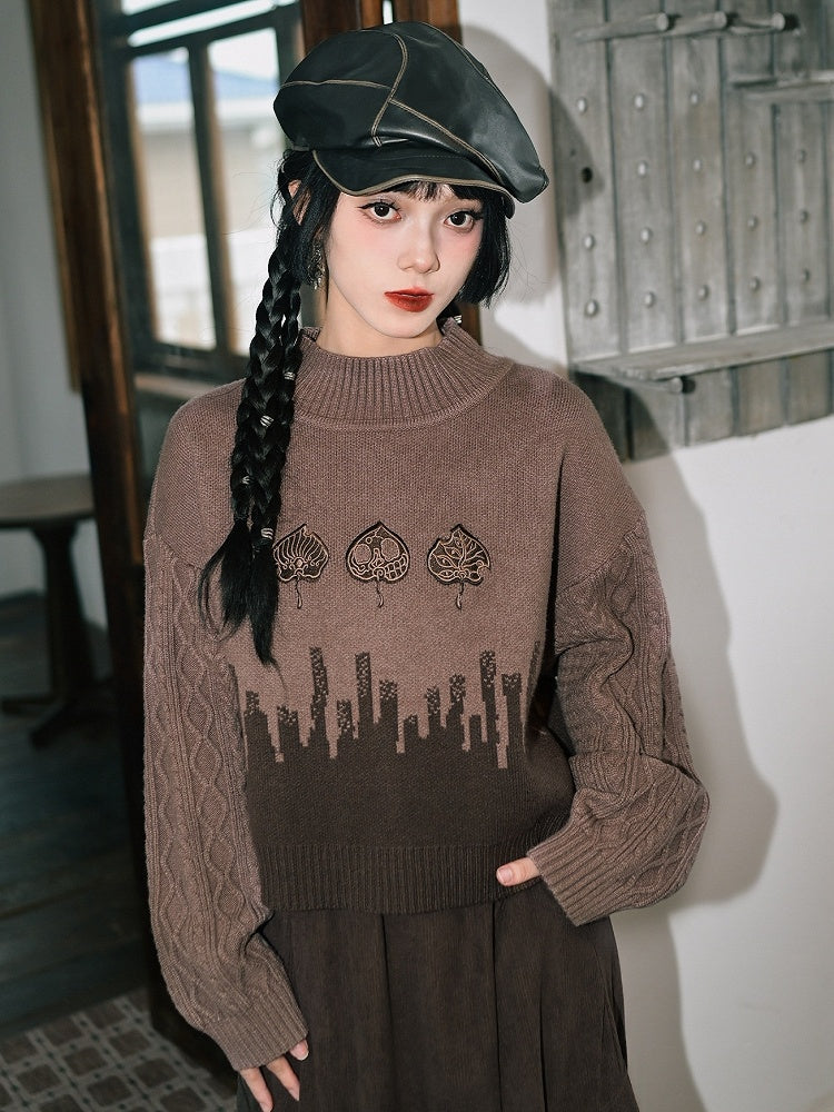 Leaf Sweater with Cheongsam Goth Brown Design Neck Mock Embroidery