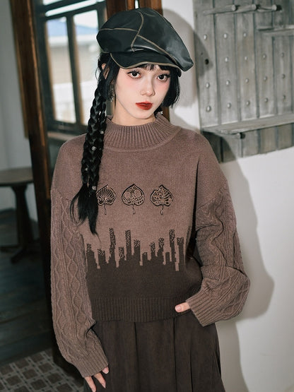 Leaf Sweater with Cheongsam Goth Brown Design Neck Mock Embroidery