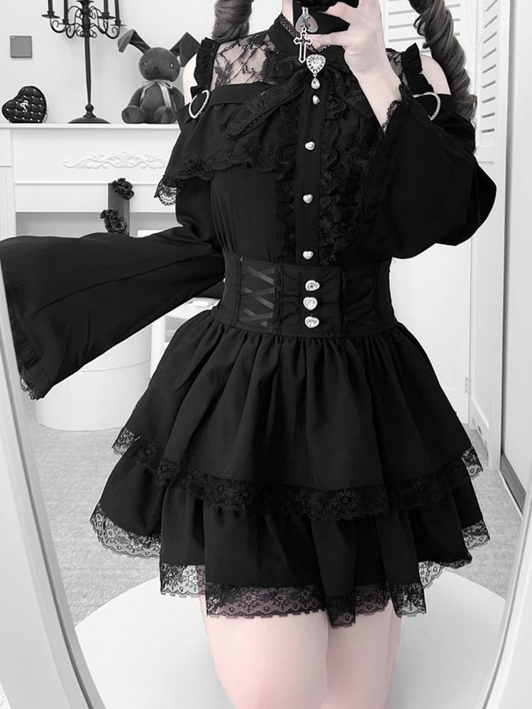 Open Jirai Kei Bell Shoulders Black Set: with Top Three-Piece Sleeves All