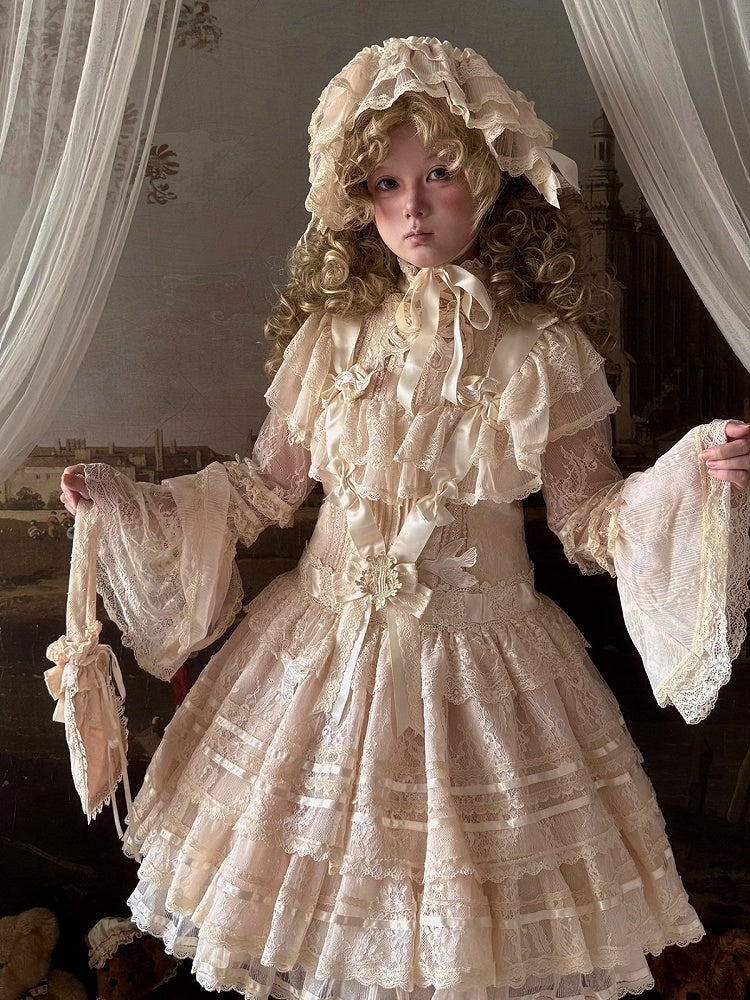 Retro Beige Lolita Lace Gown with Satin Ribbon Accents - Twin Bear Original Design