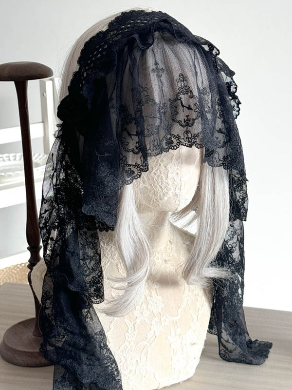 Lace Gothic Hairband with Embellishment and Veil Flower Black