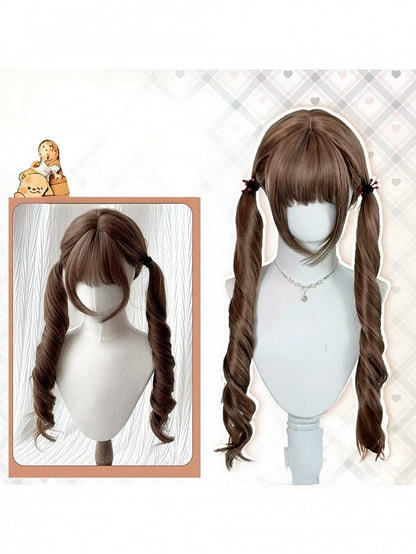 Curly Brunette 75cm Full-Bang Ponytail Wig with Double Tails - Meow Island Wig