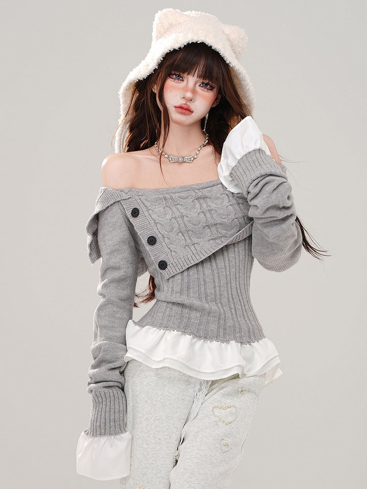 Grey/Navy Blue Off-the-shoulder Neckline Slim-fit Sweater Patchwork Hem and Cuffs