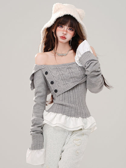 Grey/Navy Blue Off-the-shoulder Neckline Slim-fit Sweater Patchwork Hem and Cuffs