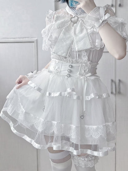 Blouse with Clearance-Size Ruffles 90CM for Heart Buttons Short Big Jirai Kei M White Illusion Neckline Tiered Bow Bust Sleeves