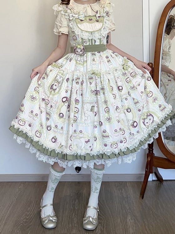 Print and Kitten Jumper Skirt Cream Mangosteen Lolita Green Sweet