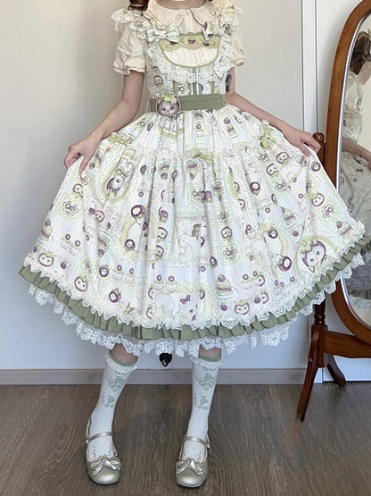 Print and Kitten Jumper Skirt Cream Mangosteen Lolita Green Sweet