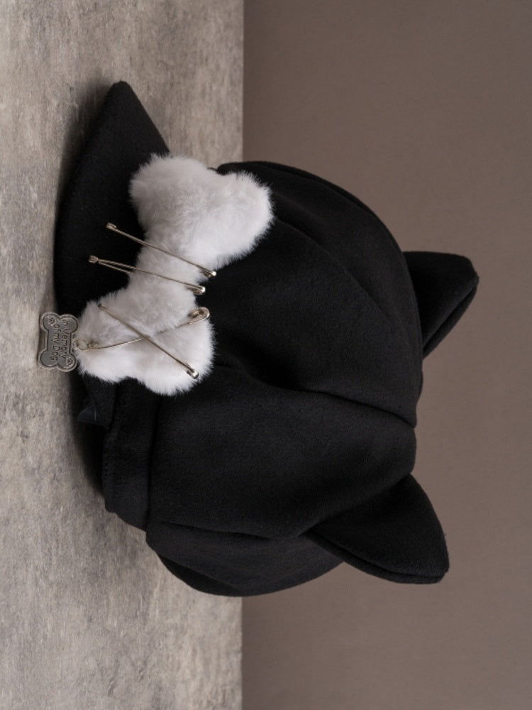 Gothic Decorated Bone Black Plush Pin Ear Hat Beret Design Cat