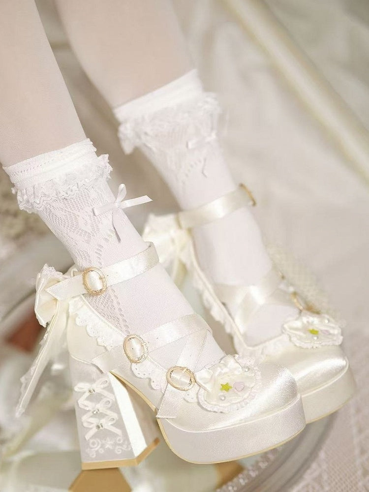 Apricot Sweet Lolita Heels, 11.5CM High Block Heel, Pearl & Shell Detail - Bad Bear