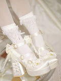 Apricot Sweet Lolita Heels, 11.5CM High Block Heel, Pearl & Shell Detail - Bad Bear