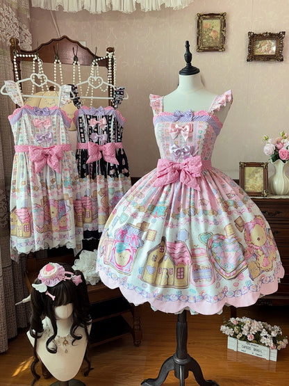 Blush Lace Bow JSK with Bear Motif and Sweet Details - Sweet Dream Shop