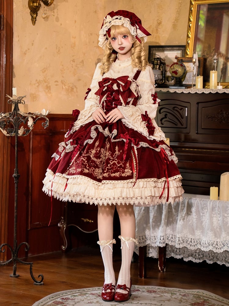 / Kleid Rot Lolita Dekoration JSK Schleifen Samt Stickerei Kerze