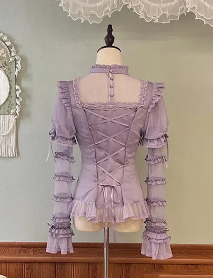 フリルネックライン袖付きシャツ パープル ショート丈 取り外し可能