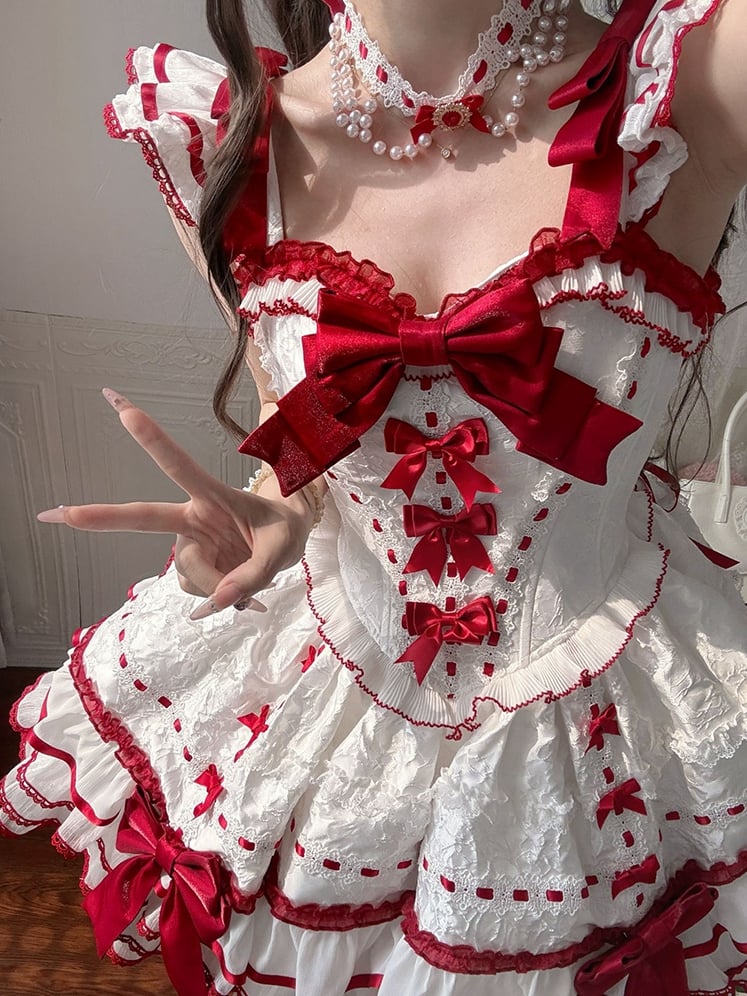 Rüschen Akzente Rock Weiß Schleife Pullover Tiered Prinzessin Rot Lolita