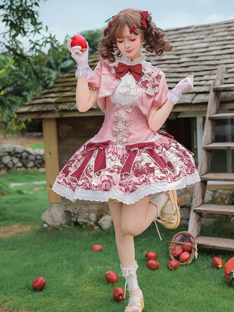 Floral Print & Bowknots Lolita Dress + Bolero Set - Strawberry Fantasy - Unknown Star