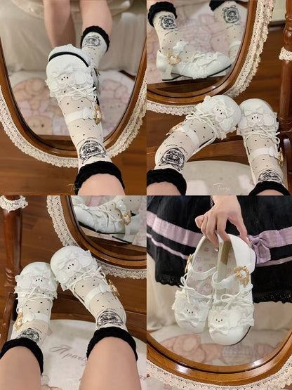 Lolita Sweet Snap Mary Closure Scalloped Winged Hem Janes with White Heart