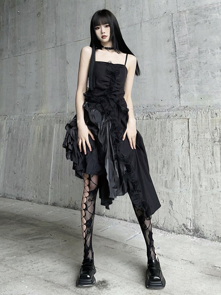 Black Asymmetrical Hem Flounce Trim Glamorous Cami Dress