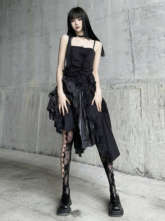 Black Asymmetrical Hem Flounce Trim Glamorous Cami Dress