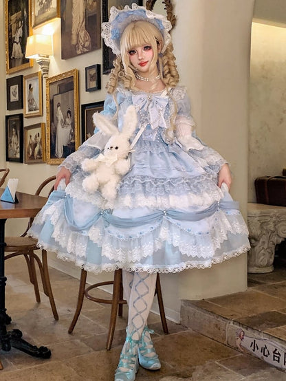 Light Blue Bow Accent Layered Skirt Hanayome Dress Sweet Hime Lolita Jumper Skirt