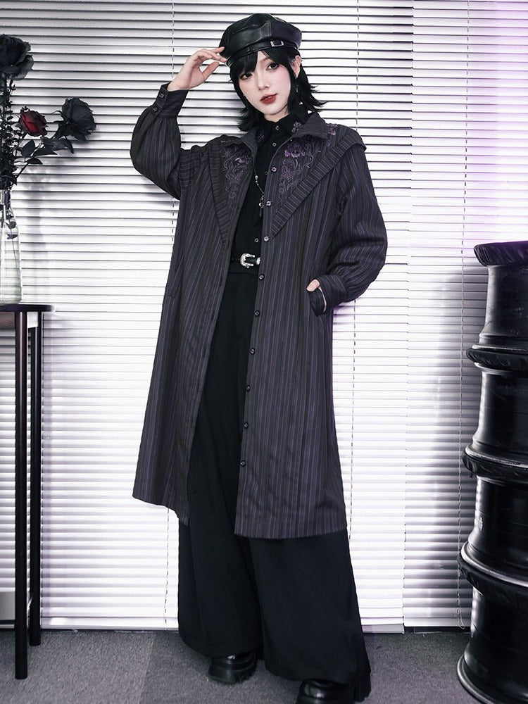 Gothic Straight Leg Trousers Featuring Purple Iris Embroidery in Black - Quirky Hut