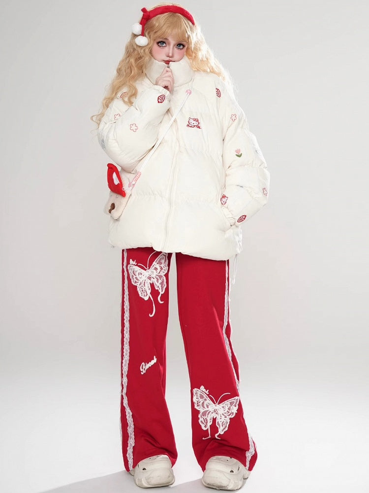 ホワイト/ピンクのキティ刺繍ハイネックパファージャケット