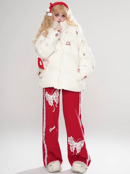 ホワイト/ピンクのキティ刺繍ハイネックパファージャケット