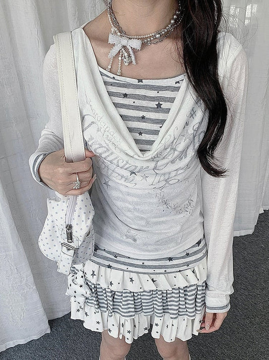 Black/White Cowl Neck Fake Two-Piece Long Sleeve Top with Stripes and Stars - Solkatt